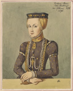 Half-length portrait of Queen Anna Jagiellon from around 1550, after a painting from the workshop