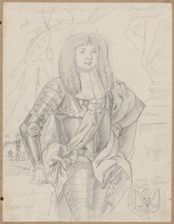 Portrait of Michal Korybut Wisniowiecki in armor; drawing glued to cardboard with the upper edge.