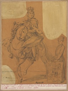 Portrait of Augustus III of Saxony in coronation robes on horseback; drawing tracing? on tracing