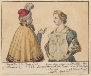Boguslaw IX and his wife Maria Emilia of Masovia with a coat of arms, half-length portraits,