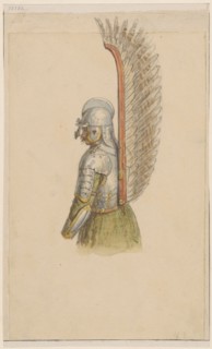 17th-century hussar armor; drawing on paper, glued across the entire surface to a cardboard of