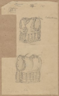 Hussar cavalry captain's armor, front and back view; drawn by Aleksander Lesser 1814–1884; pen/ink