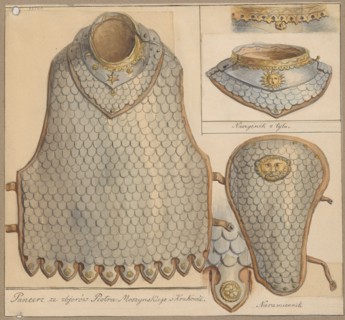 Armour, necklace and shoulder pad of karacena armour; drawing by Aleksander Lesser 1814–1884.