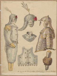 Hussar armor, karacena, breastplate, helmet. Drawing, 1830–1883. Drawn on tracing paper glued over