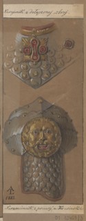 Necklace and shoulder pad made of caracal armor; drawing glued across the entire surface to paper