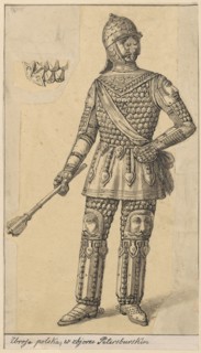 Hussar karacena armor; drawing on tracing paper glued at upper edge to cardboard; drawing on paper