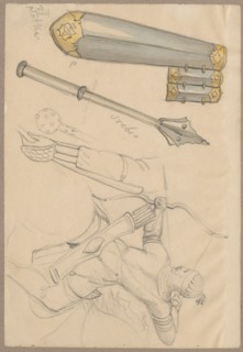 Fragments of armor and a sketch of an archer, 17th century; Aleksander Lesser 1814–1884,