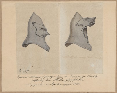 A 14th-century helmet in two views with a closed visor; drawing on paper glued by two side edges to
