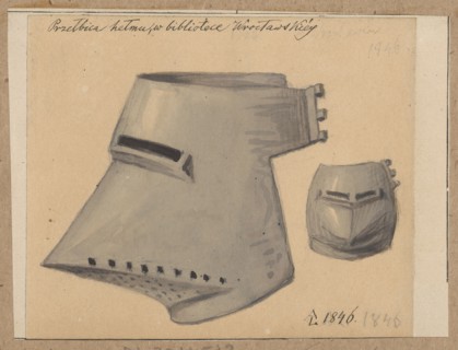 Helmet visor, 14th/15th century. Drawing on paper glued with the entire surface to cardboard, which