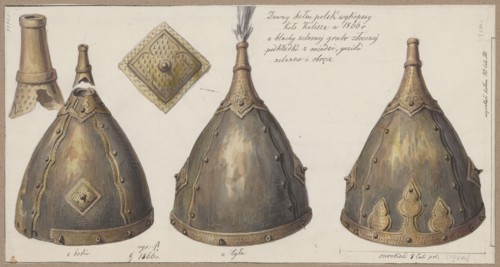Old Polish helmet excavated near Kalisz in 1866; drawing by Aleksander Lesser 1814–1884. Subject: