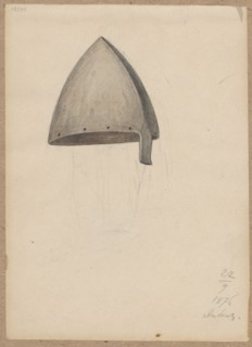 Helmet. Pen and ink drawing glued with the upper edge to brown cardboard; 1876. Drawing: 17.8 × 12
