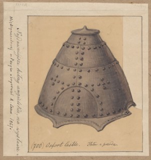 Helmet, drawing glued across the entire surface onto paper of similar dimensions, which was glued