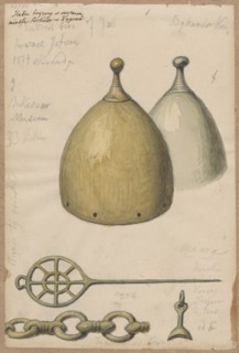 Two helmets and armament elements; drawing glued with the upper edge to a tone of cardboard brown.