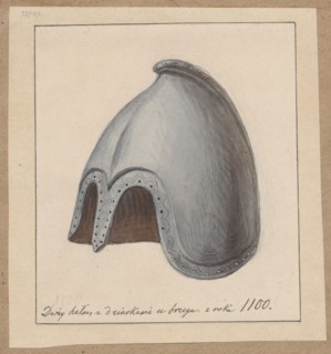 Large helmet with holes at the rim from 1100, shown at the International Exhibition in Paris in