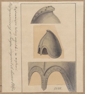 Helmet and its details at the International Exhibition in Paris in 1867, drawing by Alexander
