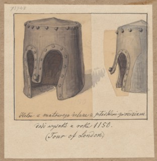 12th-century helmet — side and general views. A matt iron helmet with a flat nasal, quite high,