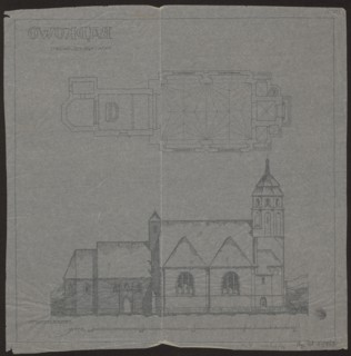 Badkowo. Church. Bottom plan and side elevation by Wojciechowski, Jaroslaw 1874–1942 architect.