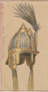 Hungarian helmet, drawing on paper glued to paper; with DI 32462/2 MNW glued by its upper edge to