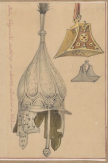 Hungarian silver helmet, drawing on paper glued with its entire surface to paper together with