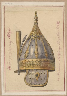 Helmet attributed to Attila, drawing of a helmet; ink or pencil on paper glued on tracing paper,