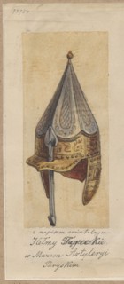 Hungarian helmets, drawing on tracing paper glued to paper with similar piece, glued at upper edge