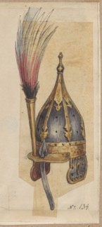Hungarian helmet, drawing on tracing paper glued over entire surface to paper with a similar
