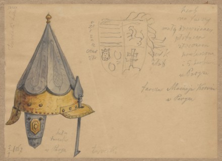 Turkish helmet and shield associated with Maciej Corwin; drawing glued with the upper edge to brown