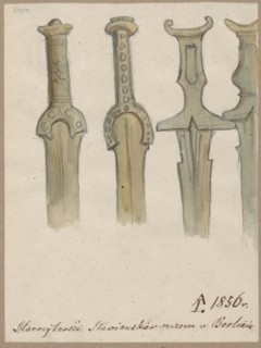 Hilts of Slavic swords. Drawing on paper glued with the upper edge to a tone of cardboard gray;