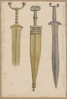 Three swords from the Hallstatt excavations. Drawing glued with the upper edge to brown cardboard.