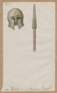 Greek spearhead and helmet, drawing, ca. 1876, pen-and-ink and wash on paper glued to brown