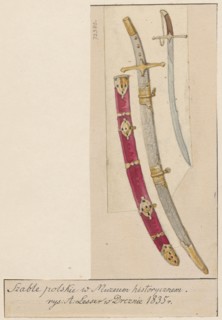 Two 17th-century Polish sabres; drawing on paper of irregular dimensions, glued to cardboard with