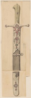 Karabela from the 17th century; drawing on cardboard glued to a larger cardboard at its upper edge;
