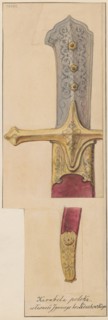 Polish karabela from the 17th century; drawing on cardboard, glued to a larger cardboard by its