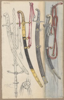 Five sabers with holsters; verso: blind man playing an instrument that is a type of harpsichord