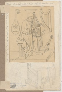 Five sabers with holsters; verso: blind man playing an instrument that is a type of harpsichord