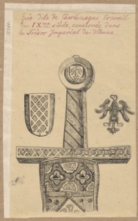 Sword of Emperor Charlemagne, 9th century hilt. Drawing on tracing paper glued on cardboard, with