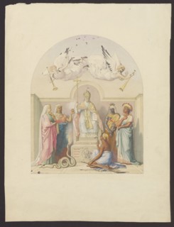 The Pope surrounded by personifications of the continents; drawing by Petit,