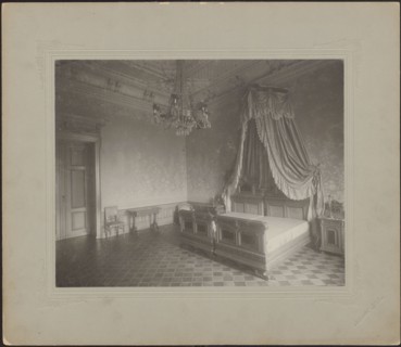 Lódz. Maurycy Poznanski's Palace . Bedroom interior with a double four-poster bed, Piotrowski