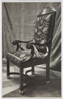 Armchair with kilim upholstery from the study designed by Józef Czajkowski, exhibited in the Polish