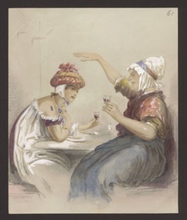 Two Women at a Table Drinking Wine, Alfred Grévin 1827–1892, illustrator; costume scene, genre