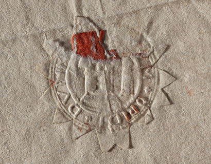 Round seal impression of the town of Dubin. A tower with three domes, on the left side a smaller
