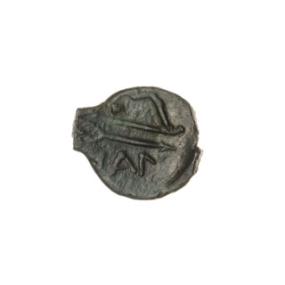 bronze coin, Pantikapaion; aw: head of beardless Satyr in an ivy wreath to the left; rw: bow and