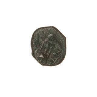 bronze coin, Pantikapaion; obverse: bearded Satyr's head left with countermark (tripod and