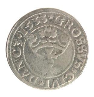 Gdansk grosz, Sigismund I the Old (King of Poland; 1506–1548). Jagiellonian-era Polish coin.