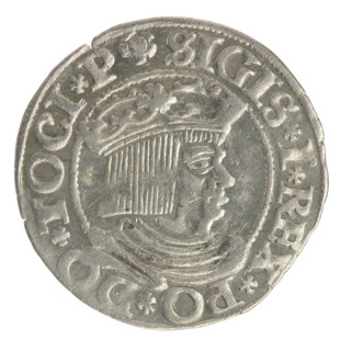 Gdansk grosz, Sigismund I the Old (King of Poland; 1506–1548). Obverse: Crowned male bust in