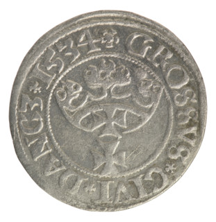 Gdansk grosz, Sigismund I the Old (King of Poland; 1506–1548). Obverse: Crowned male bust in