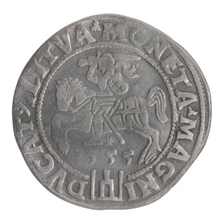 Lithuanian grosz, 1555. Obverse: crowned male bust of Sigismund II Augustus in armour, profile