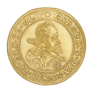 2 ducats, Charles II (Duke of Ziebice-Olesnica; 1587–1617). Obverse: male bust in armour with a