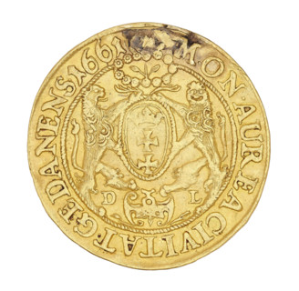 Gdansk ducat by Daniel Lesse (1656–1685), 1661. Obverse: crowned right-profile bust of King John II