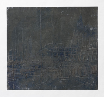 View of a port quay in a northern European city; verso: graphic trials or fragment of a